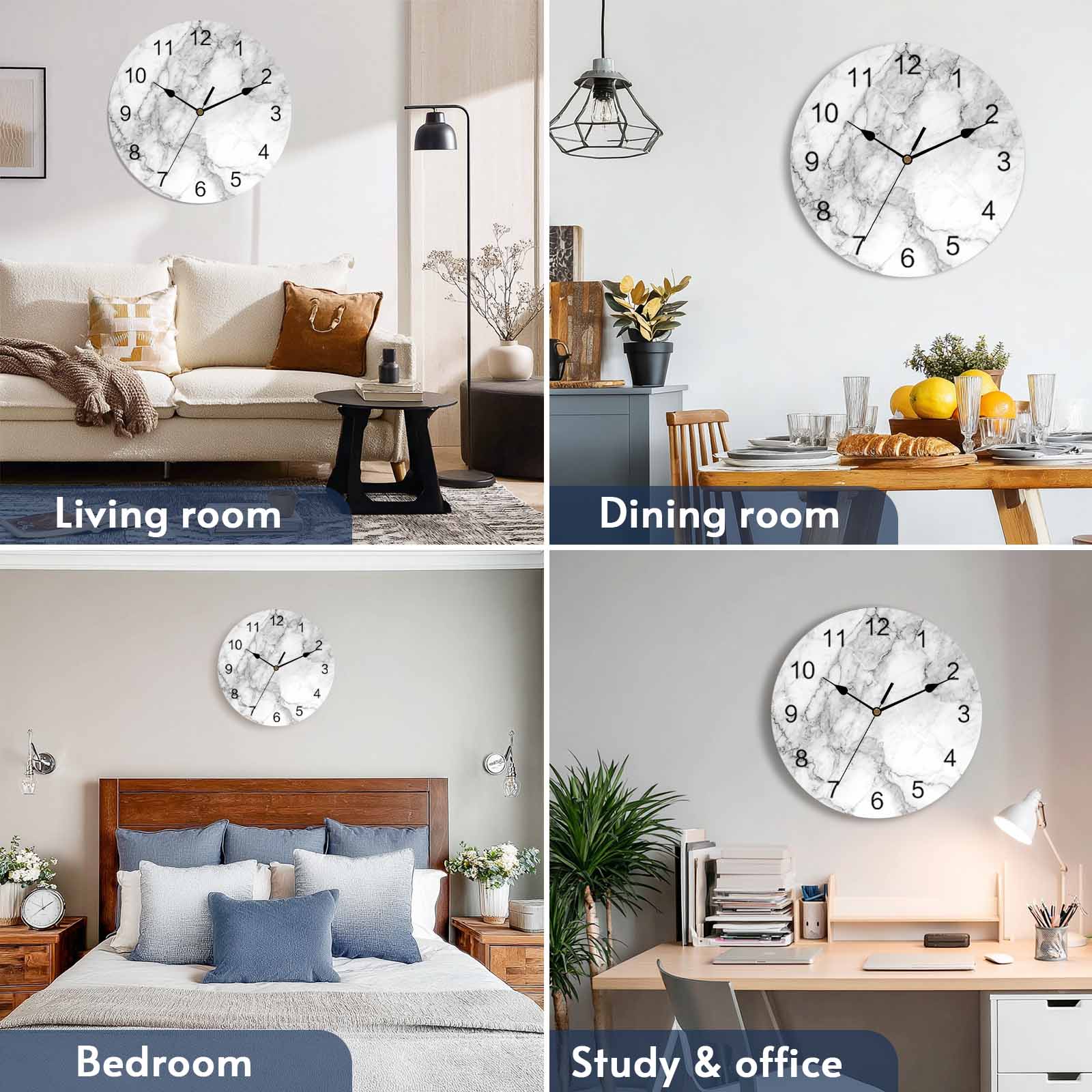 Silent Wall Clocks Battery Operated, Grey White Marble Round Decorative Wall Clock for Living Room Bedroom Kitchen Bathroom Classroom Decor, 12 Inch Abstract Modern Textured