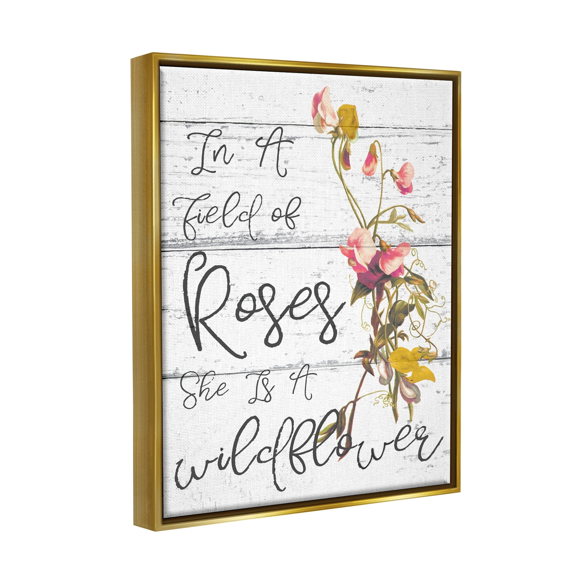 Stupell Industries Be a Wildflower Cursive Typography Metallic Gold Framed Floating Canvas Wall Art, 16x20, by Daphne Polselli
