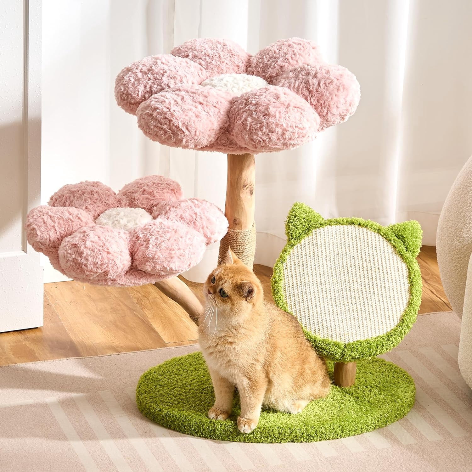 Modern Natural Solid Wood Cat Tree Tower for Indoor Cats Large Adult, 30 inch Flower Cat Tree with Scratching Post, Luxury Aesthetic Cat Tree with Cloud-Soft Flower Perches and Sisal Scratching Pad