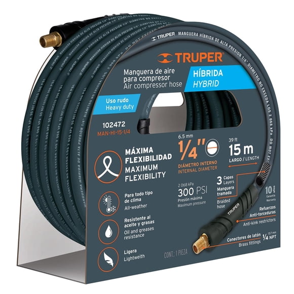 Manguera híbrida para compresor, 15 m x 1/4", Truper