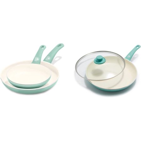 

Soft Grip Healthy Ceramic Nonstick 7 and 10 Frying Pan Skillet Set PFAS-Free Dishwasher Safe Turquoise & Soft Grip Healthy Ceramic Nonstick 12 Frying Pan Skillet Turquoise