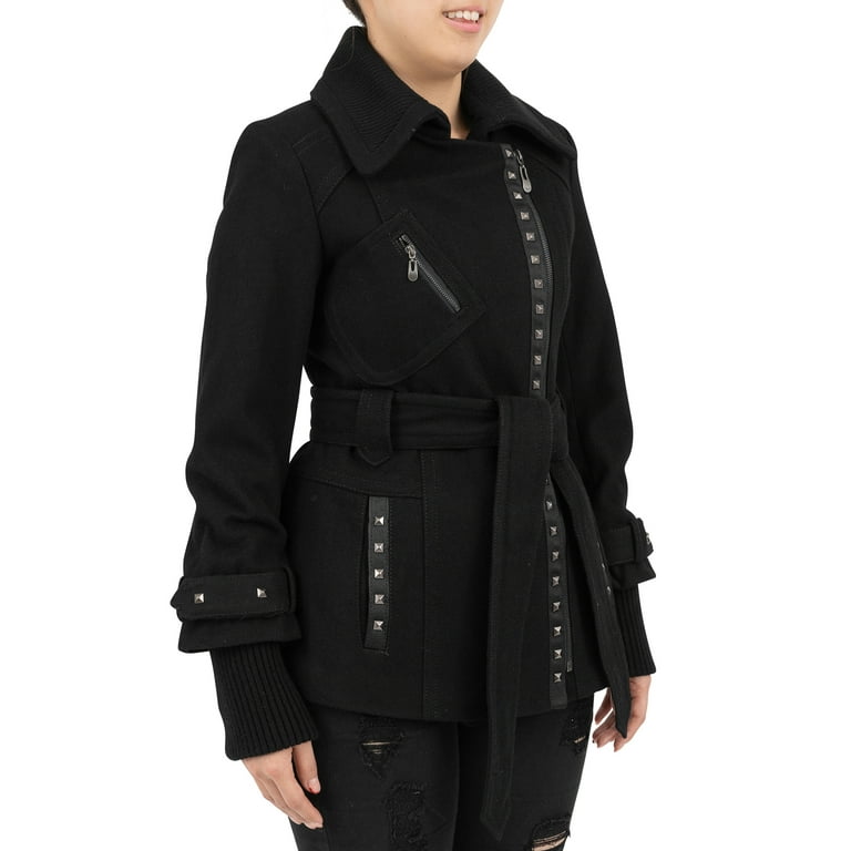 Kensie Asymmetrical Wool Blend Studded Melton Biker Coat
