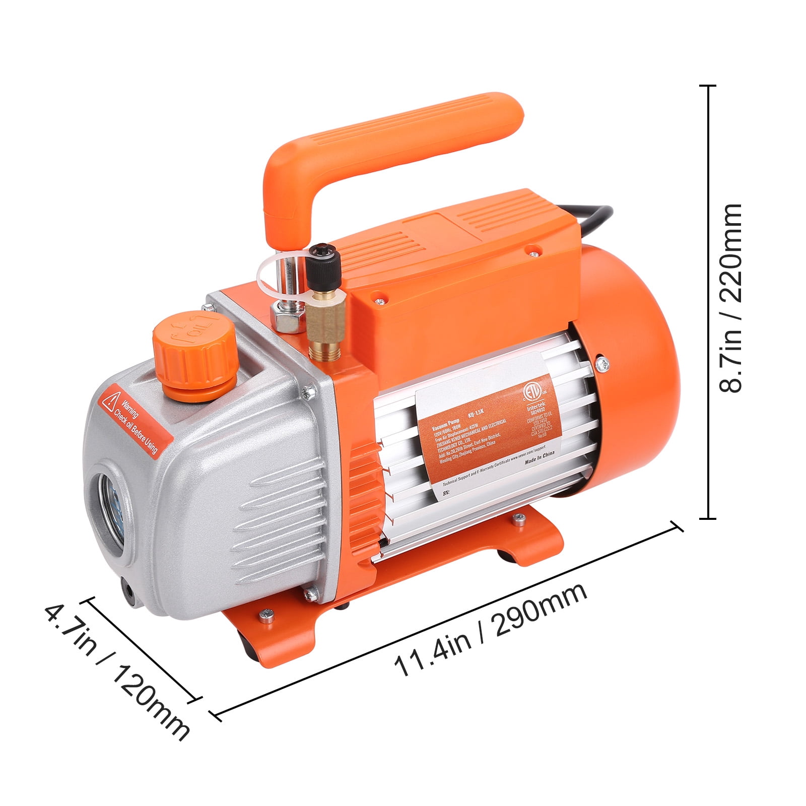 VEVOR HVAC Vacuum Pump 120 V 1/4 HP 4.5 CFM Single Stage Rotary Vane and Gauge Set Manifold Gauge Kit with Hose for R134a, R410a,and other refrigerants.