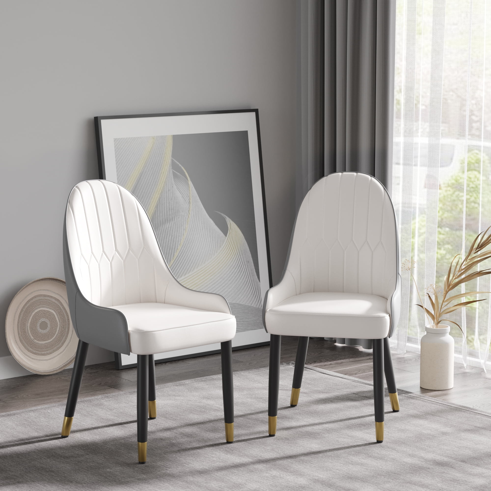 bokifol Dining Chairs Set of 2, Upholstered Mid Century Modern Kitchen Dining Room with Pu Leather Cushion Seat & Metal Legs for Kitchen,Living Room