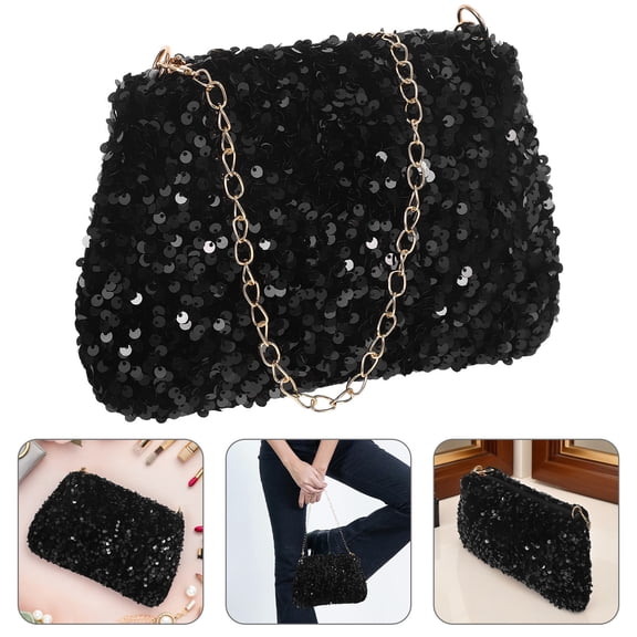 Yardwe Small Sequin Shoulder Bag In Black Polyester For Women Crossbody Purse Daily Essentials Storage