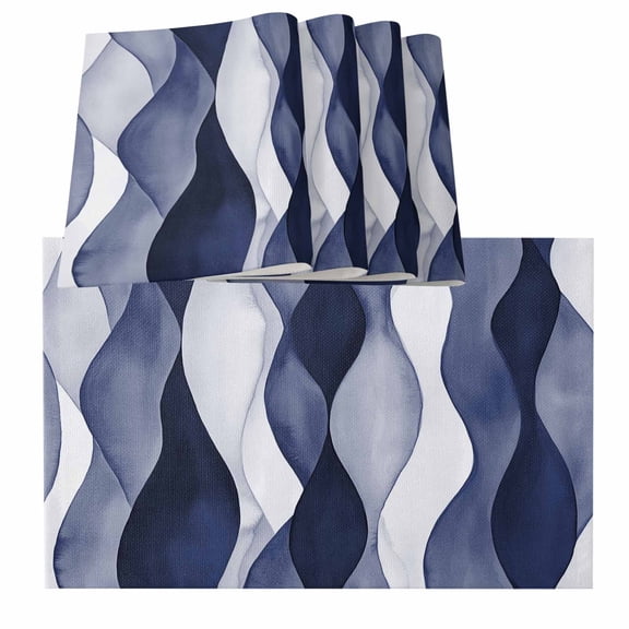 Navy Blue Placemats for Dinning Table Set of 4, Modern Moire Abstract Ripple Geometric Burlap Kitchen Place Mats Waterproof Cloth Table Mats, Indoor Outdoor Placemats Easy Clean Dinner Decor