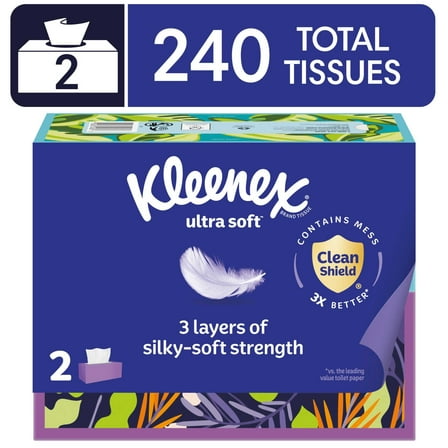 Kleenex Ultra Soft Facial Tissues, 2 Flat Boxes, 120 Tissues per Box, 3-Ply