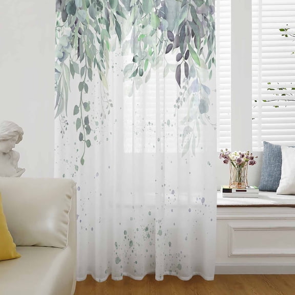 Teal Eucalyptus Leaves Semi Sheer Curtains Drapes for Living Room, Bedroom, French Doors Window 108 Inches Long, Watercolor Spring Botanical Rod Pocket Chiffon Curtain Drapery Voile Draperies Panel