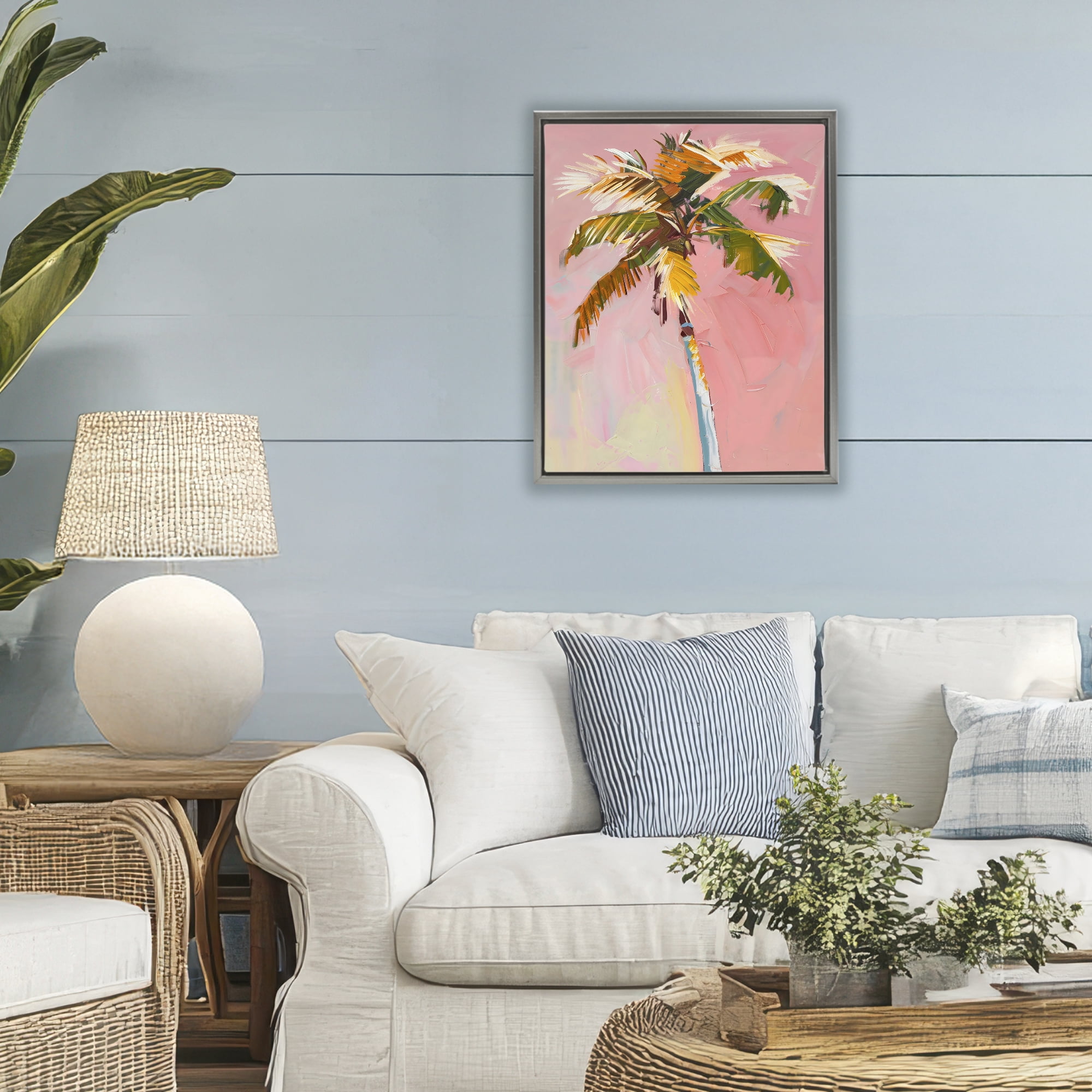 Stupell Industries Pink Palm Summer Oasis Gray Framed Floater Canvas Wall Art, design by The Prints Vibe