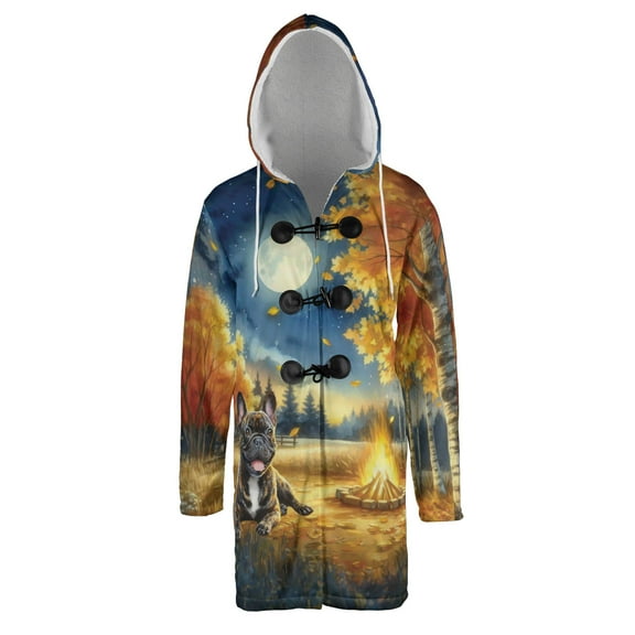 Hello Fall French Bulldog Enjoys Warm Campfire Autumn Night Bright Moon All Over Print 3D Hooded Duffle Toggle Coat Dog Lover Gifts - 01008