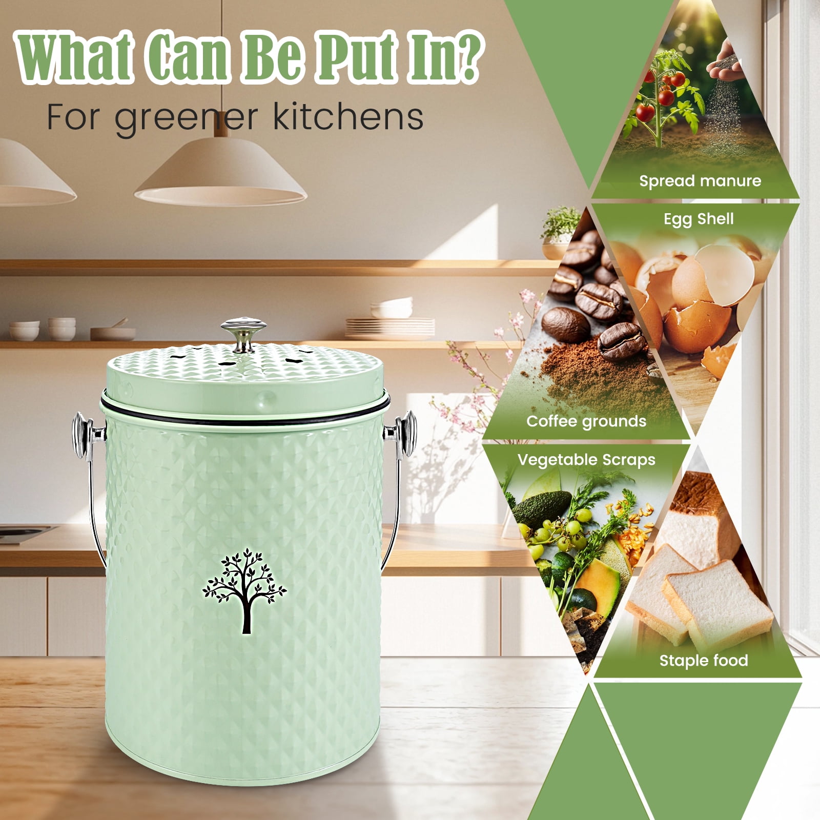 AOIOSN,Countertop Compost Bin Kitchen，Odorless Indoor Compost Bin with Lid and Compost Bags,Compost Bucket Composter Container for Food Waste,Green