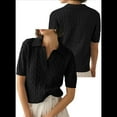 thumbnail image 3 of Women'S Cable Short Sleeve Sweaters Tops Solid Lapel V Neck Knit Casual Soft Pullover Shirt, 3 of 4