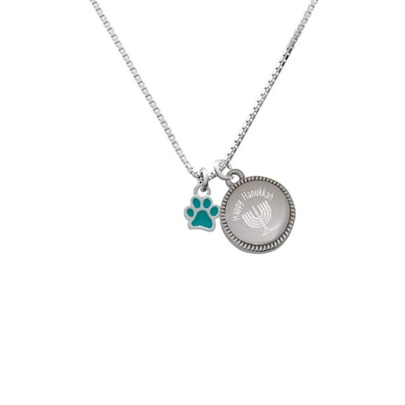 Silvertone Mini Translucent Teal Paw - Happy Hanukkah Menorah Necklace