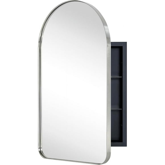 EGHOME Brushed Nickel Arched Recessed Bathroom Medicine Cabinet with Mirror Stainless Steel Metal Framed Rectangular Bathroom Cabinet with Mirror 16x28.3''