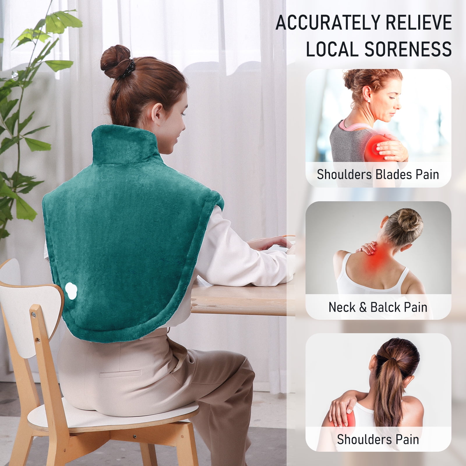 Entil Widen Heating Pad for Shoulder and Back with 4 Heating Levels, 2H Auto-off, 25" x 26", Green