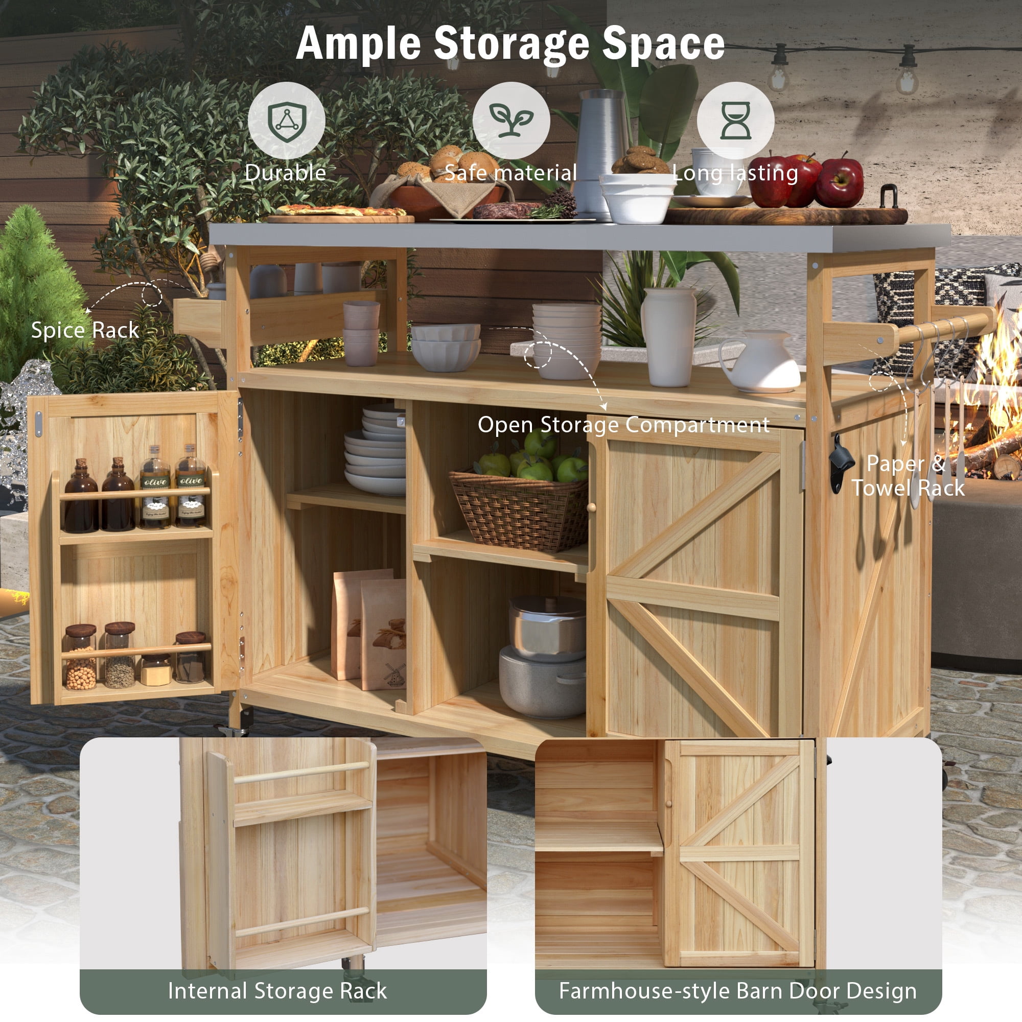 EUROCO 54.3" Outdoor Farmhouse Kitchen islands Cart with Storage on Wheels, Solid Wood Kitchen Cart with Stainless Steel Top, 2 Doors and Towel Rack, Spice Rack Rolling Cart for Kitchen&BBQ , Natural