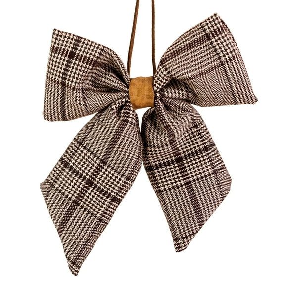 19" Brown and Cream Houndstooth Plaid Christmas Bow Decoration