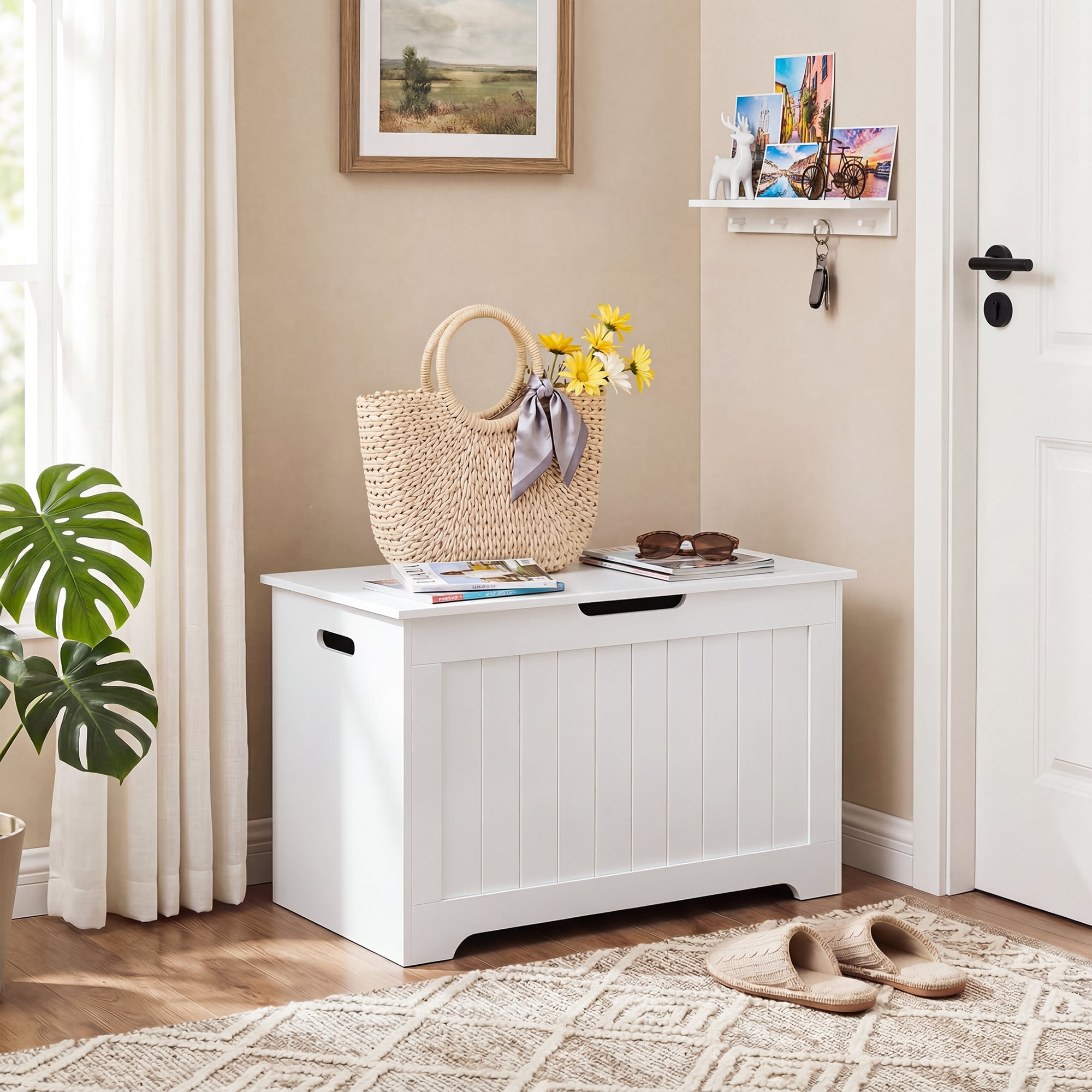 SuperDeal 30-Inch Lift Top Storage Chest Wooden Home Organizer Bench with Safety Hinged Lid Large MDF Toy Box Entryway Bedroom Living Room, White