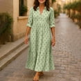 thumbnail image 6 of Smsaxvxz Women's Summer Plus Size Dresses Fashion Floral Printed V Neck Long Sleeve Casual Loose Beach Vacation Maxi Shirt Sundress Green 2XL, 6 of 8