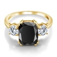 thumbnail image 3 of Gem Stone King 18K Yellow Gold Plated Silver Black Onyx and White Moissanite 3 Stone Ring for Women | 3.39 Cttw | Cushion Cut 10X8MM | Round 4.5MM | Gemstone Birthstone (Size 8), 3 of 6