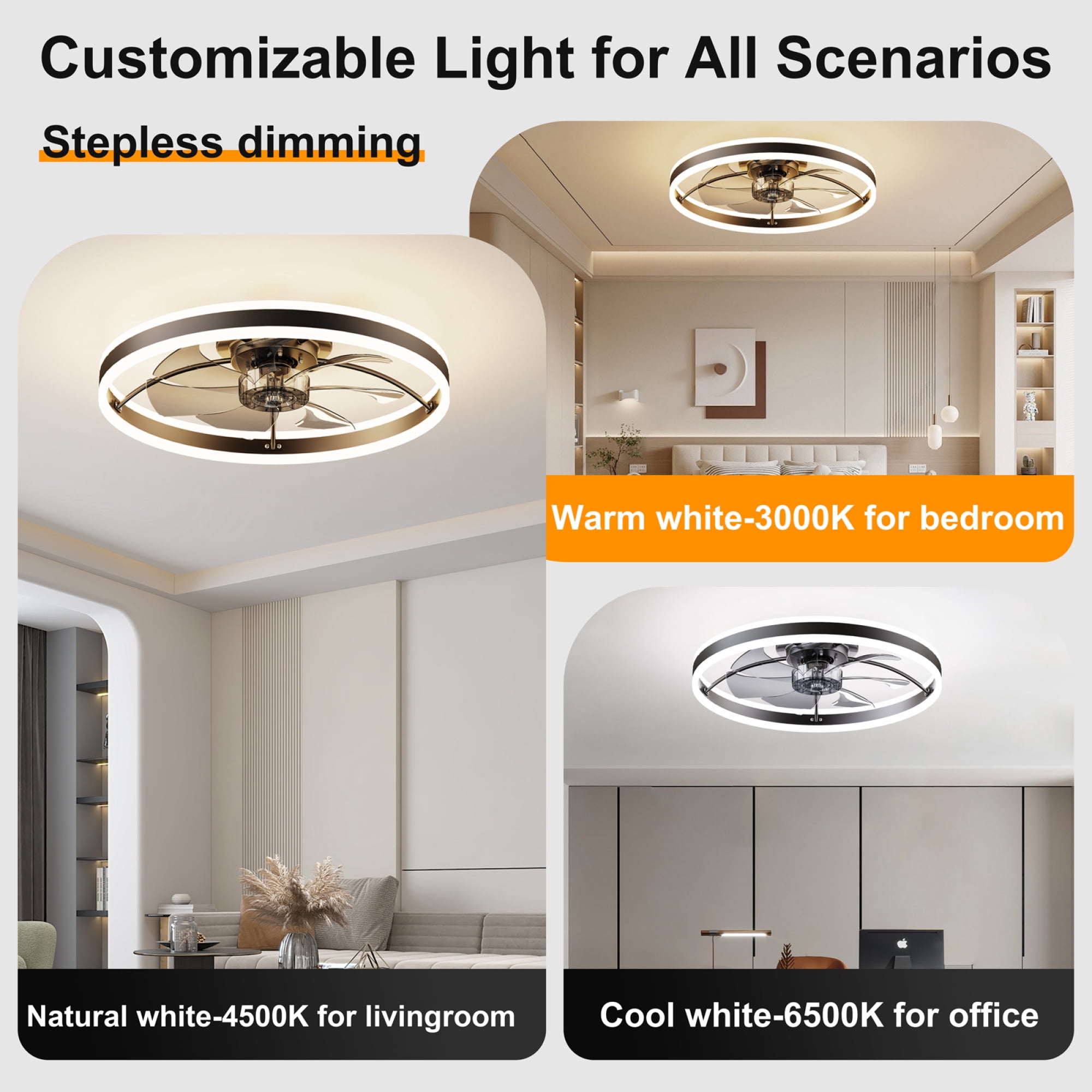 Leumius 23.6"Smart Ceiling Fan with LED Light, 7 Blades Modern Metal Design, 6-Speed Quiet DC Motor, APP & Remote Control, Dimmable Light 3000K-6500K for Living Room Bedroom Black