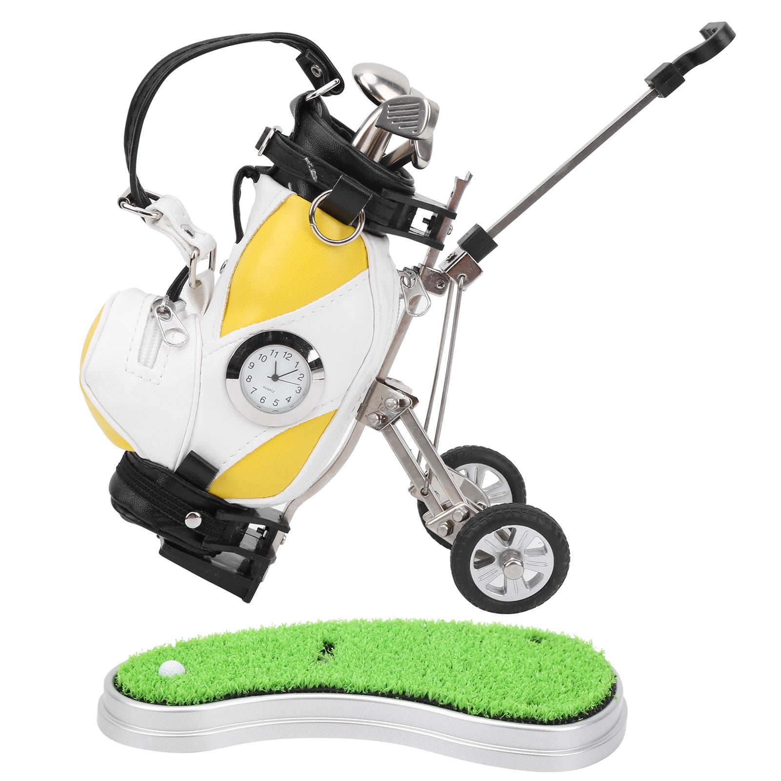 ESTINK Golf Pens Bag Holder,Mini Desktop Zinc Alloy Golf Bag Pen Holder With Lawn Base Clock