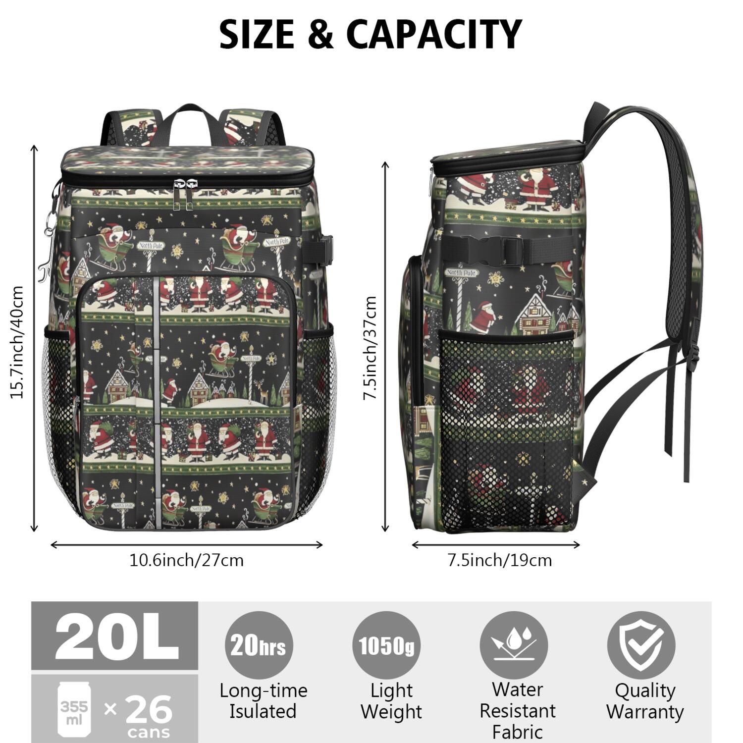 Travel Cooler Bag - Black Christmas Santa Pattern Camping Beer Cooler Backpack with Bottle Opener- Waterproof Insulated Picnic Backpacks - Cooler Bag for Beach