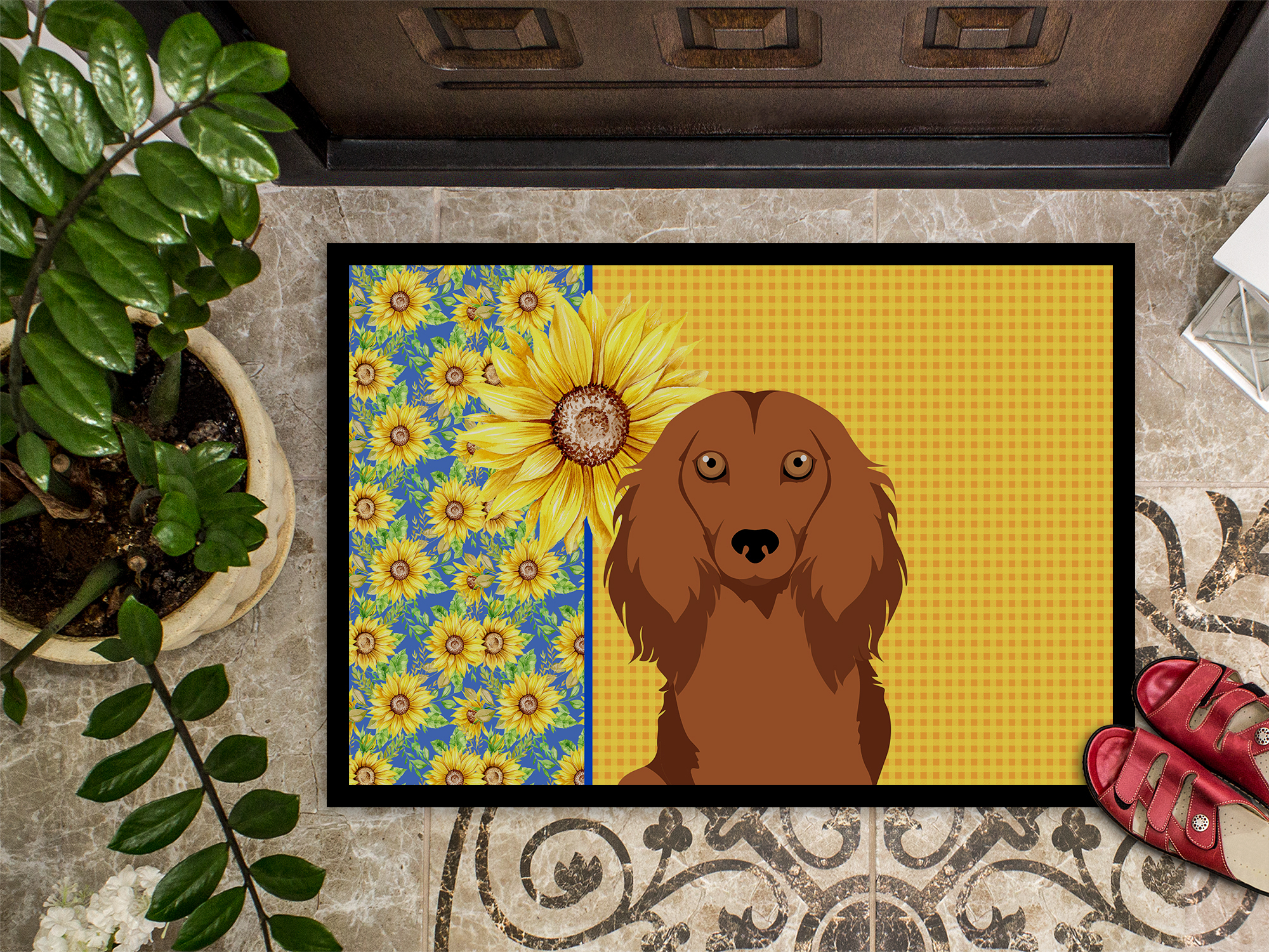 Carolines Treasures WDK5390JMAT 24 x 36 in. Summer Sunflowers Longhair Red Dachshund Indoor or Outdoor Mat