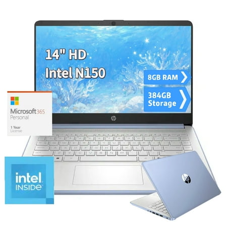 HP 14" HD Anti-Glare Laptop, Intel N150 4-Core, Fast Startup, Windows 11 S, Office 365 1-Year, 8GB RAM, 384GB Storage (128GB UFS + 256GB SD Card), Sky Blue