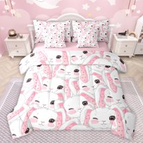 jejeloiu Cute Rabbit 7pcs Bedding Comforter Set,Kawaii Loves Pattern Queen Bedding Sets,White Pink Queen Sheet Sets For Girls,Breathable Home Decor Reversible