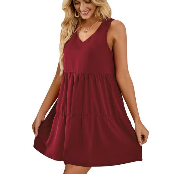 FUTATA Fashion Tunic Shift Dresses For Women Sleeveless Summer Dress Casual Swing T-Shirt Tank Dresses V Neck Pleated Ruffle Hem Mini Dress