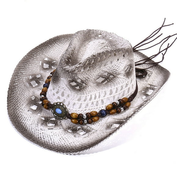 Sombrero de Vaquera de Vaquero de Paja para Hombres y Mujeres Sombrero de Sol Transpirable Hueco de ala Ancha con Banda de Adorno de Cuentas Estilo Occidental para Viajes en la Playa al Aire Libre YUNYI BRAND Deportes