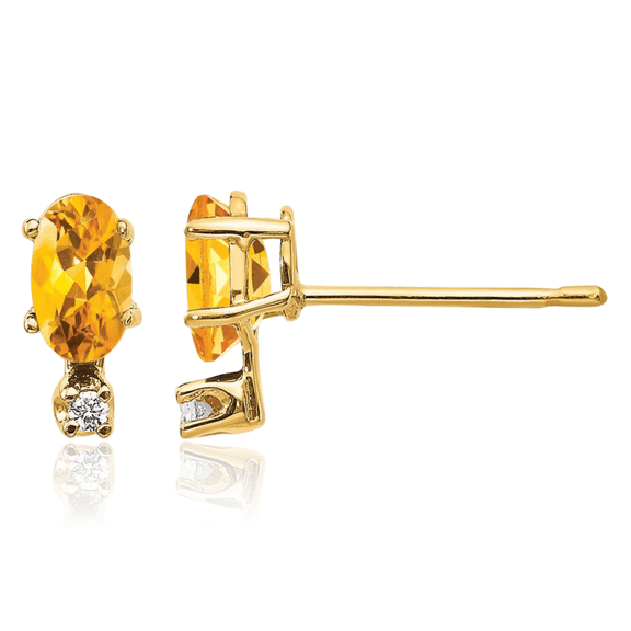 14K Solid Yellow Gold Diamond Orange Citrine Stud Earrings April November Birthstone Jewelry