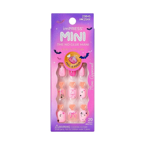 Kiss Impress Mini Press On Nails Short for Kids, “Sweet Spooks”, Pink, Squoval, 20 Count