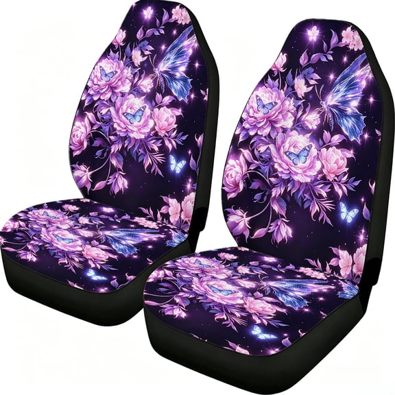 Purple Butterfly Floral Print Car Seat Covers 2 Piece, Mesh Fabric Front Seat Protectors Universal Fit for Cars Suvs Trucks Vans