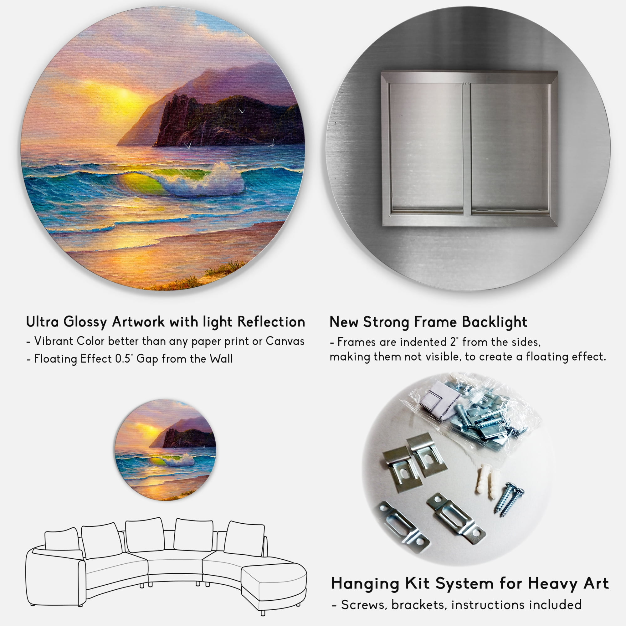 Designart 'Sunrise Glow On The Sea Waves V' Nautical & Coastal Circle Metal Wall Art 29x29 - Disc of 29