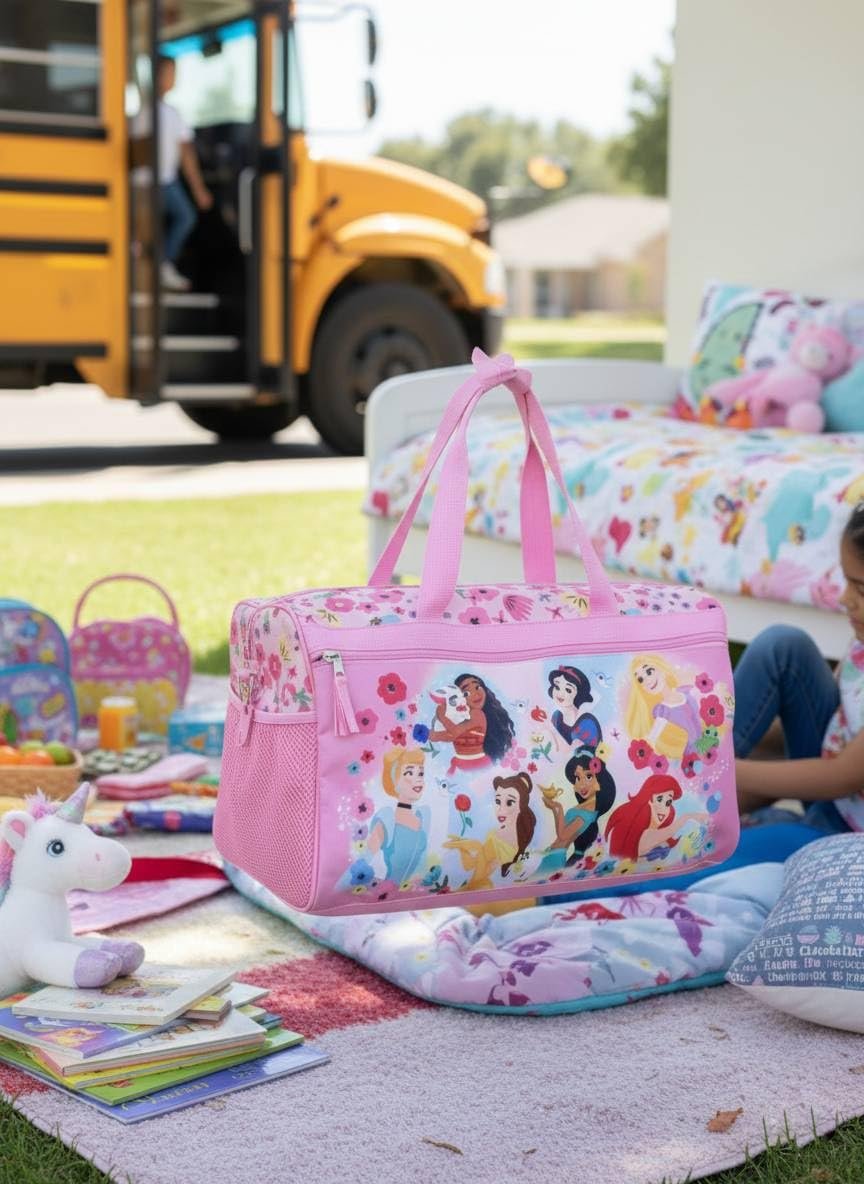 Disney Princess Kids Duffle Bag 16.5"  Travel & Sports Bag with Zipper Pocket, Mesh Side Pockets & Shoulder Strap