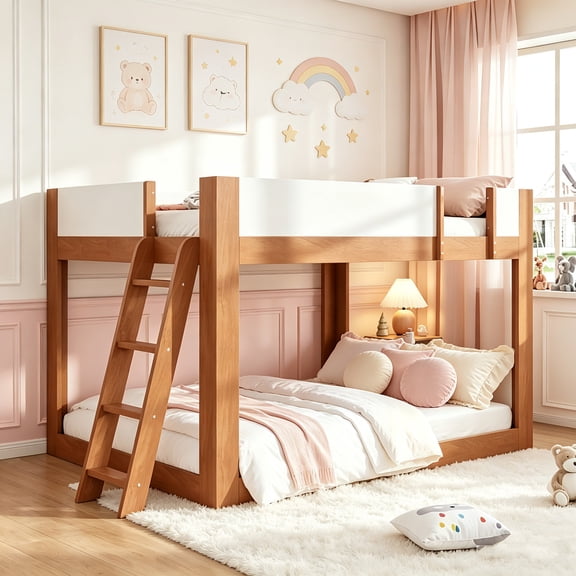 AUU Queen Size Low-Profile Convertible Bunk Bed with Reversible Ladder & Safety Guardrails – Space-Saving Frame for Bedroom, Guest Room, or Apartment, No Box Spring Needed