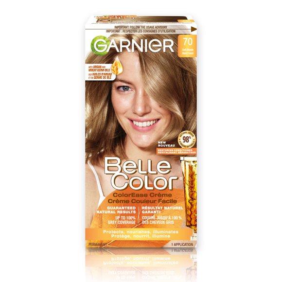 Garnier Belle Color Permanent Hair Dye, 70 Dark Blonde, 100% Grey Coverage, Enriched with Argan Oil and Wheat Germ Oils - 1 Application, Packaging may vary