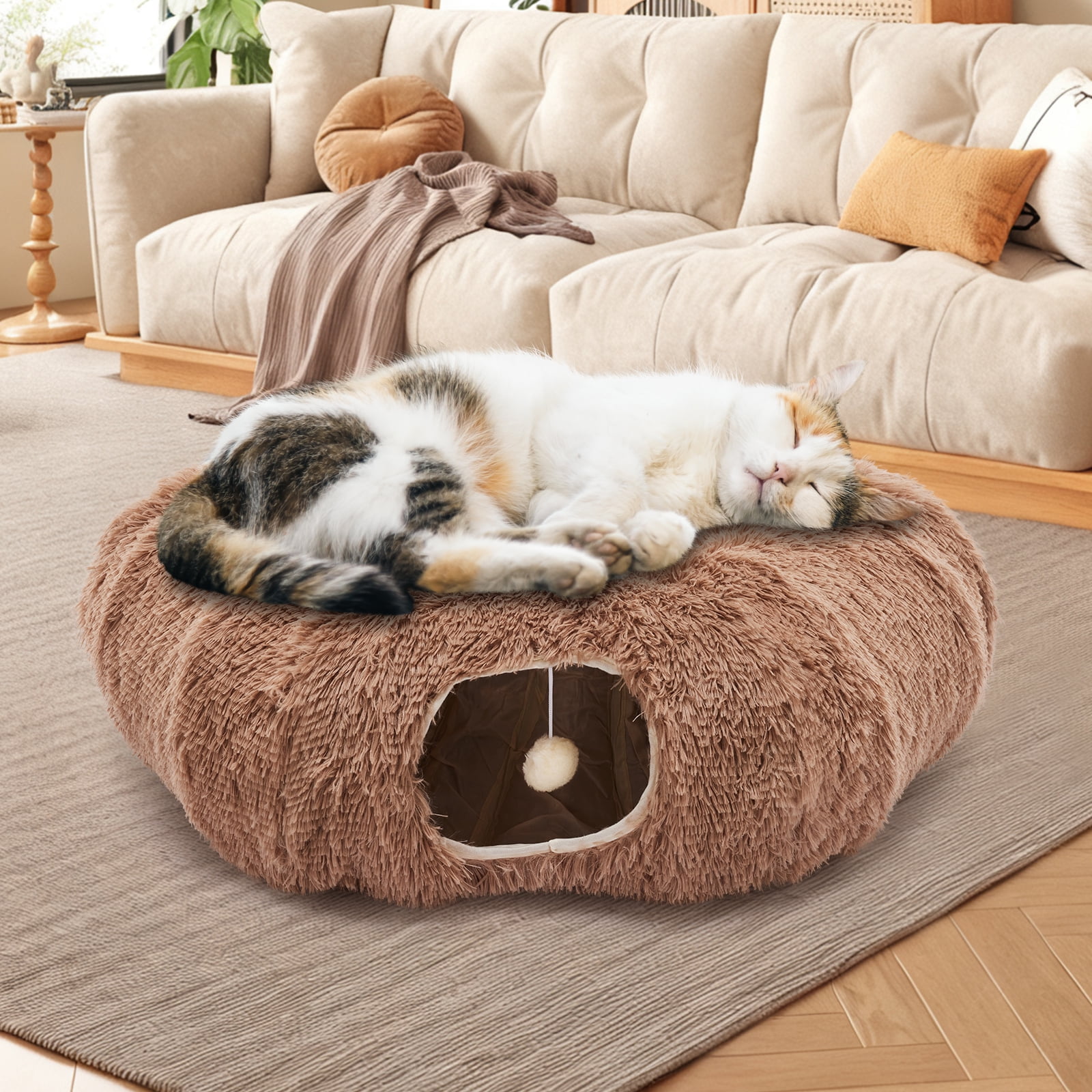 LIFERECORD Cat Tunnel with Cat Bed for Indoor Cats, Under Christmas Tree Soft Plush Peekaboo Cat Cave Donut Tunnel, Multifunctional Playground Toys Hideplace for Kittens, Rabbit - Brown
