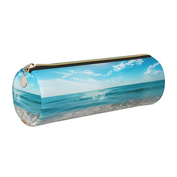 Easygdp Sunny Ocean Waves para Estuche de Lápices Cilíndrico de Cuero con Cremallera, Organizador de Lápices de Cuero para Escuela, Oficina y Viajes