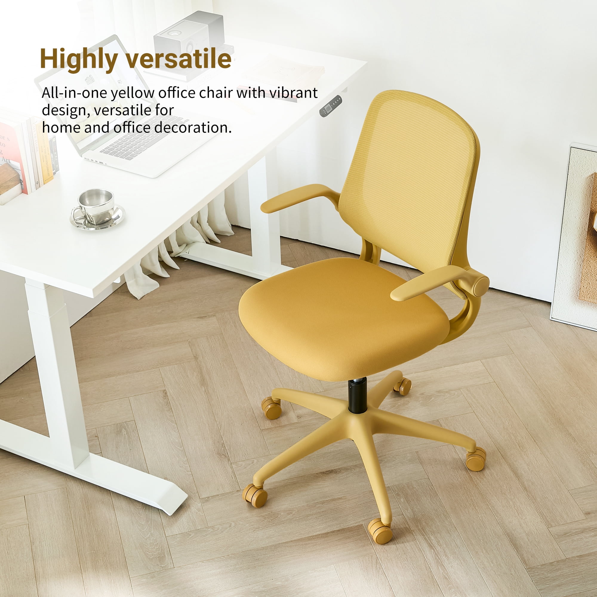 HOQBN Ergonomic Office Chair with Flip-Up Armrests, Breathable Mesh Back, Integrated Molded Foam Seat, 350lb Capacity,Yellow