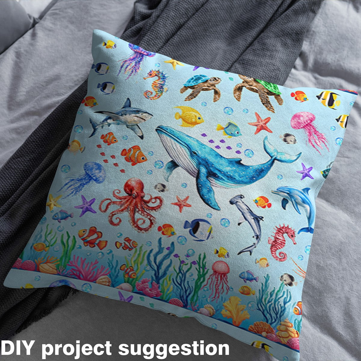 Manfei Cartoon Ocean Fish Fabric by the Yard (2 Yards), Whale Shark Dolphin Decorative Fabric by the Yard, Jellyfish Starfish Octupus DIY Fabric