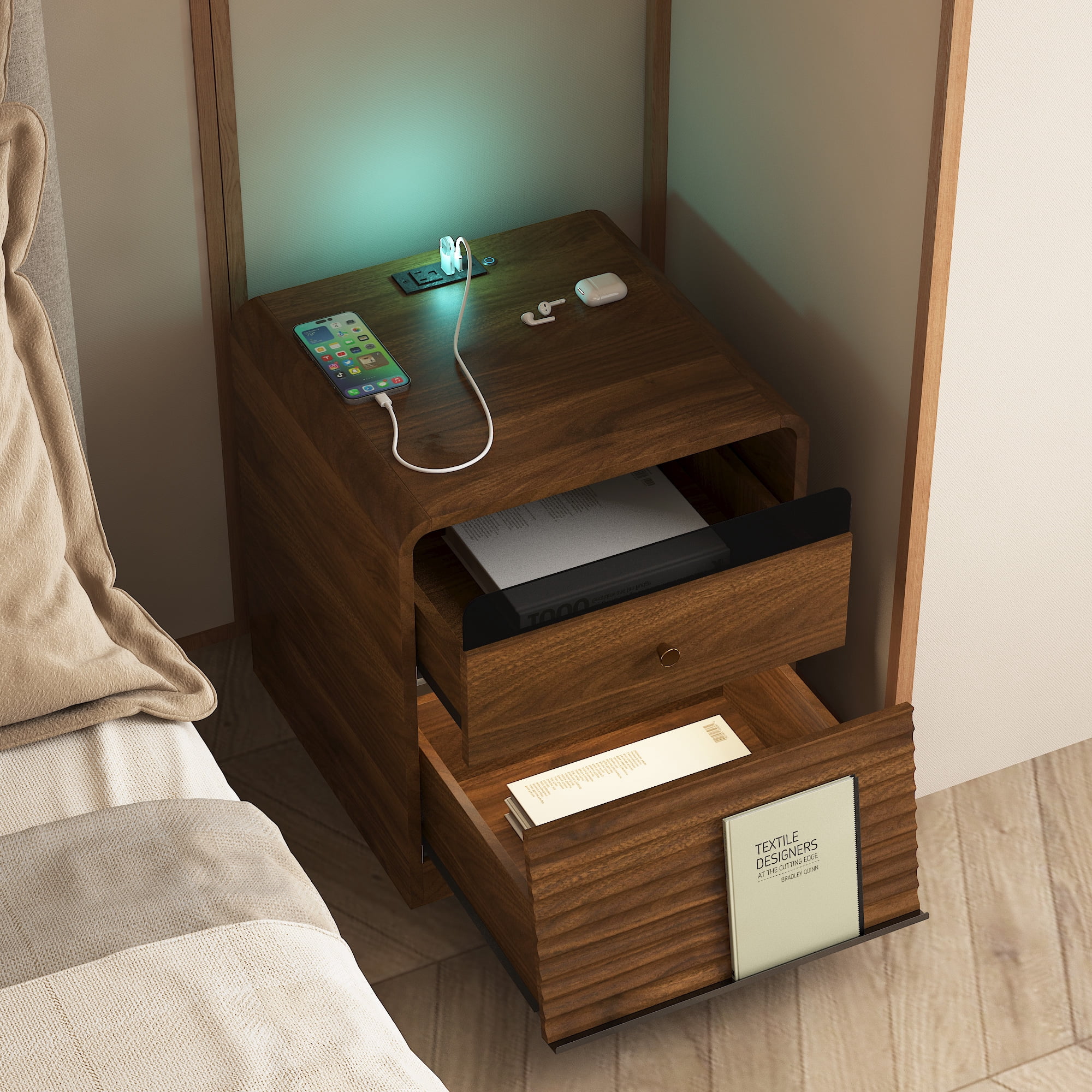 Aukfa Smart Nightstand with Charging Station, Side Table with Voice-Controlled 7-Color LED Light, Modern Bedside Table for Bedroom,Walnut