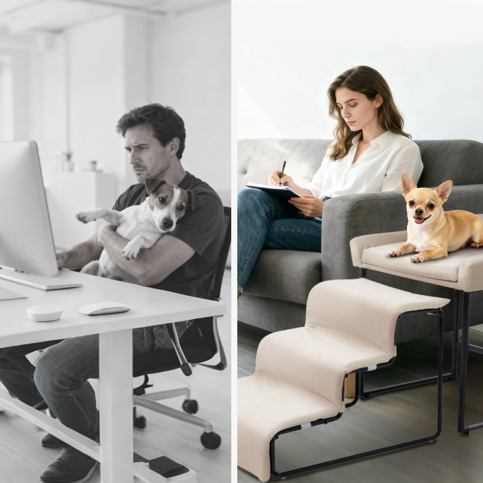 Dog Window Perch with Stairs, Pet Stairs Ramp with Seat, Dog Perch to Look Out Window with Ramp, Lounge Elevated Dogs Bed, Small Pet Step, Multi-Level Platform with Foam Upholstery