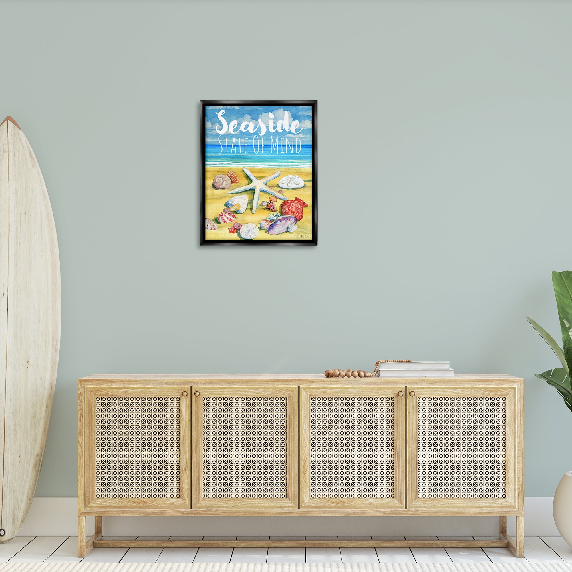 Stupell Industries Seaside Sandy Shells Coastal Painting Black Floater Framed Canvas Art Print Wall Art, 25 x 31