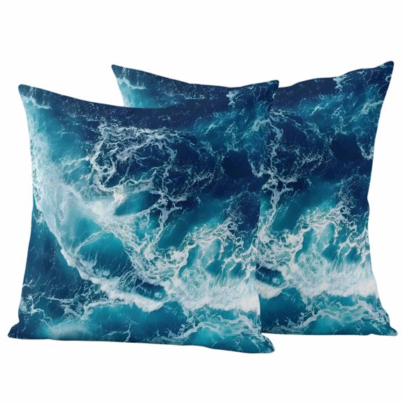Outdoor Throw Pillows Covers 18x18inx2 Set Of 2 Waterproof Modern Coastal Decorative Zippered Cushion Covers for Patio Furniture, Deep Sea Aqua Crashing Waves Nature Lumbar Pillowcases