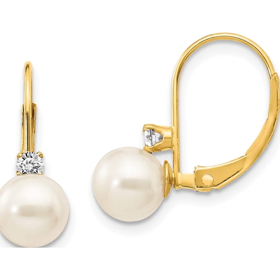 14K Yellow Gold 6-7mm White Round Fw Cultured Pearl Aa Diamond Leverback Earrings (15 X 6) Made In India xlb60pl/aa