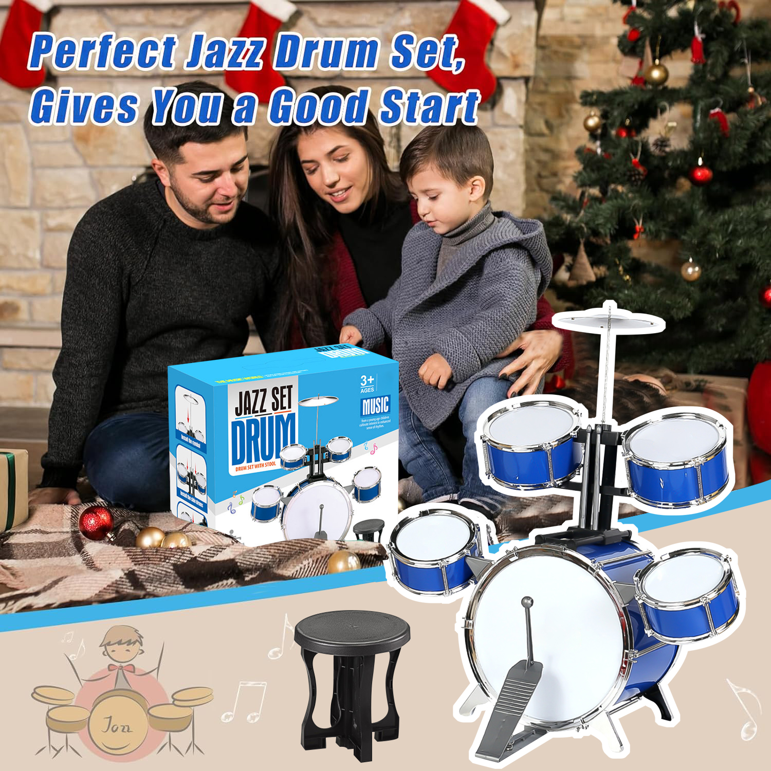 Kids Drum Set for 3-7 Year Old, Jazz Rock Drum Toddler Toy, Musical Instrument Toys for Boys Girls Birthday Christmas Gifts
