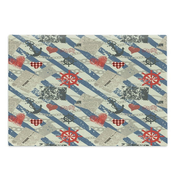 Nautical Cutting Board, Sea Graphic with Grunge Distressed Diagonal Forms and Stripes Marine Nautical, Decorative Tempered Glass Cutting and Serving Board, Large Size, Beige Red Blue, by Ambesonne